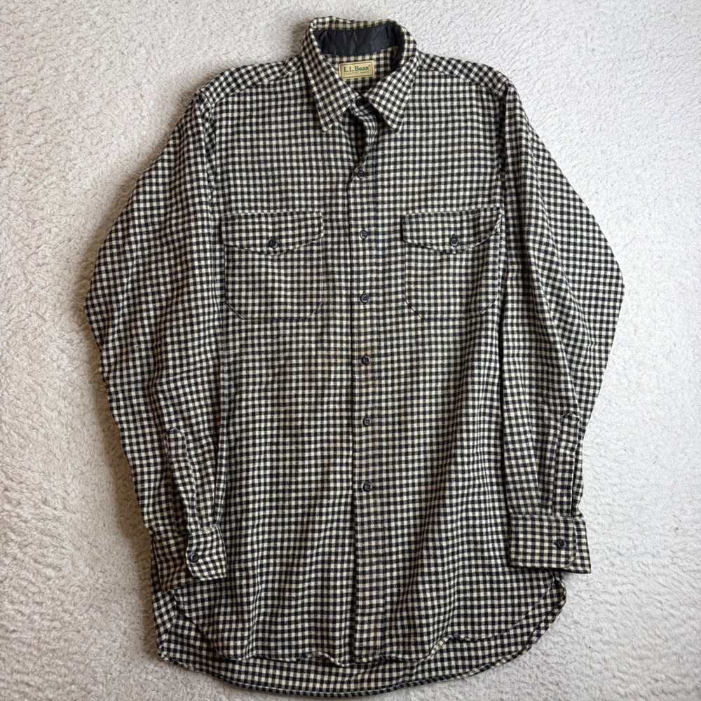 Vintage LL Bean Allagash Wool Blend Flannel Shirt Mens Medium Tall Black Cream